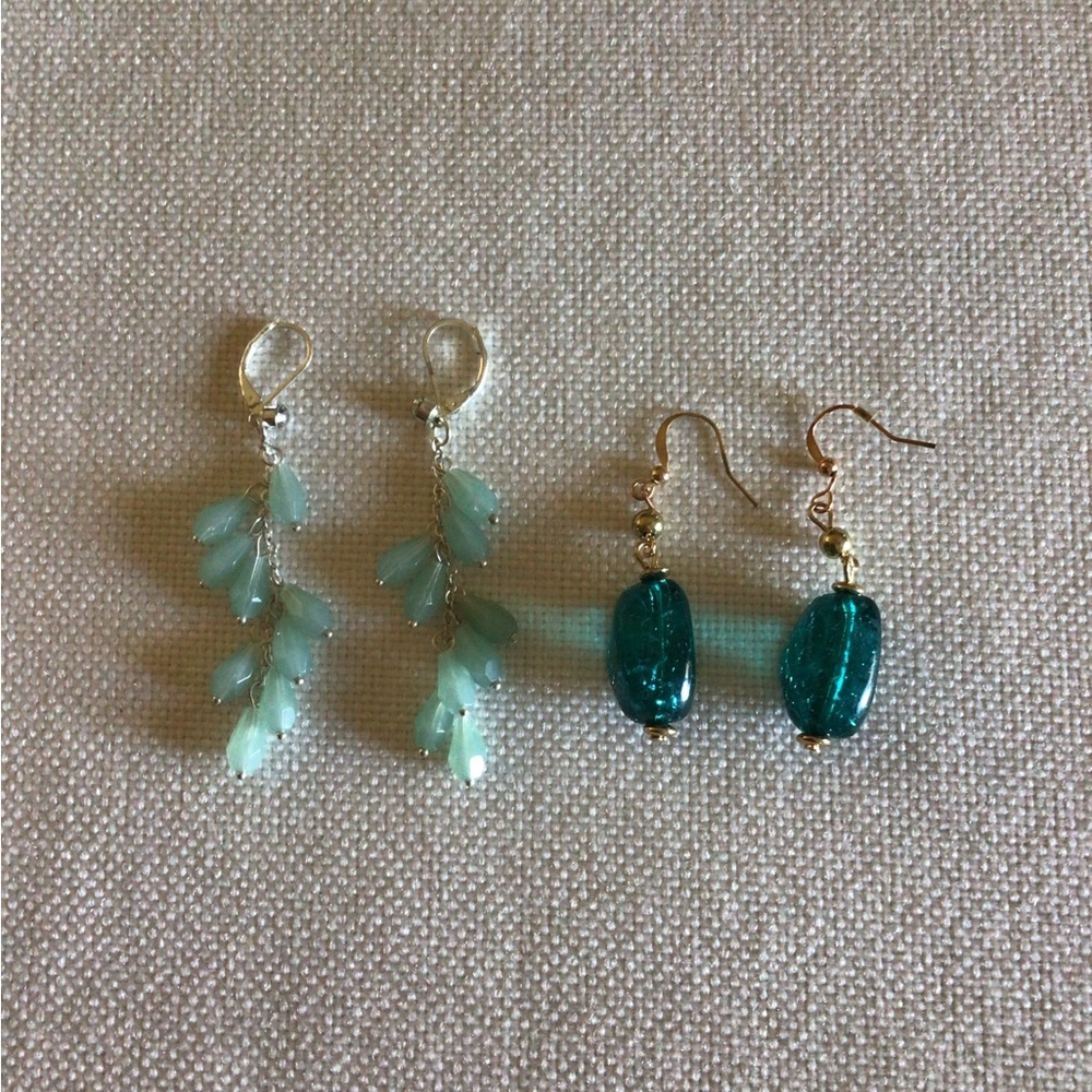 Elegant Silver and Teal Earrings + Green and gold drop Earrings